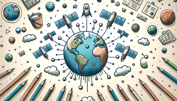 Colorful doodle of AI satellites above Earth.