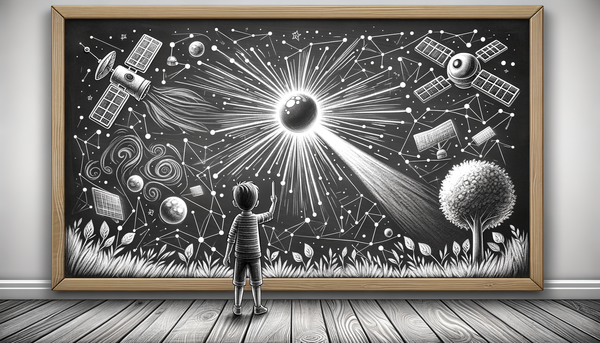 Grayscale chalkboard drawing of AI satellites.