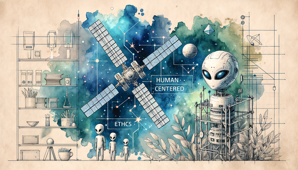 Watercolor illustration of AI satellites and ethics.