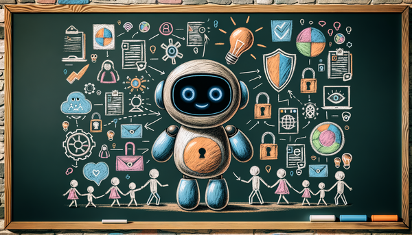 Chalkboard drawing of a friendly robot with symbols of AI.