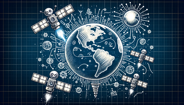 Doodle artwork illustrating cybersecurity concepts with satellites.
