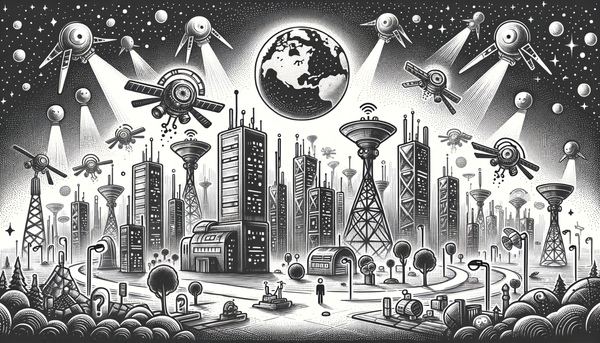 Doodle illustration of futuristic work with AI satellites.