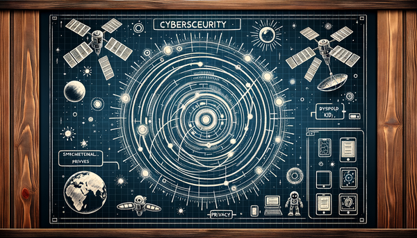 Chalkboard drawing of cybersecurity with satellites