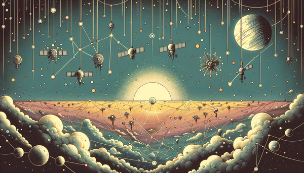 Doodle of AI satellites connecting in the sky.