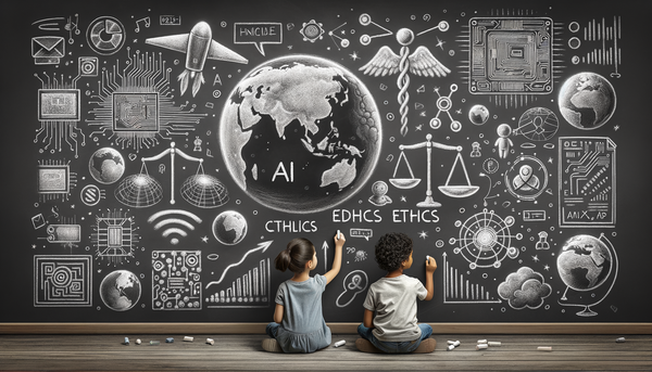 Chalkboard drawing of children sketching AI concepts.