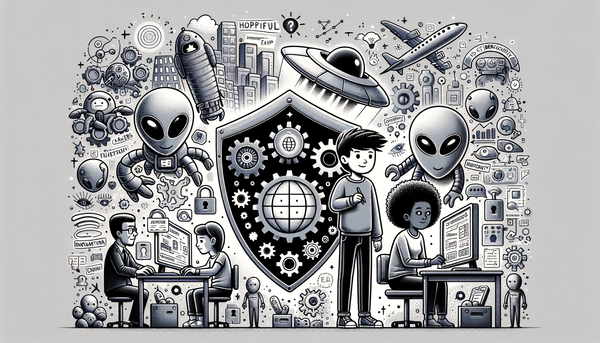 Grayscale doodle of cybersecurity themes