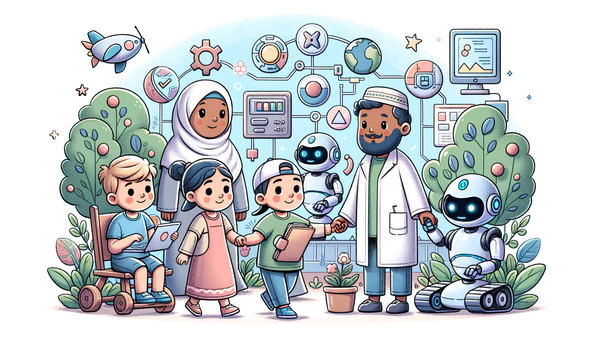 Children interacting with friendly robots in a serene setting.