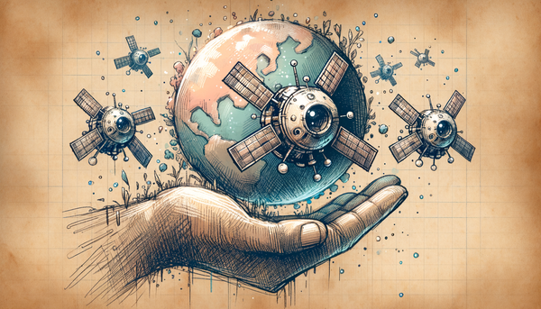 Doodle-style illustration of friendly satellites around Earth.