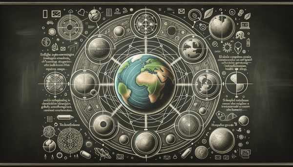 Chalkboard drawing of interconnected globes and humanity.