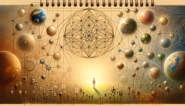 Minimalistic artwork of interconnected globes.