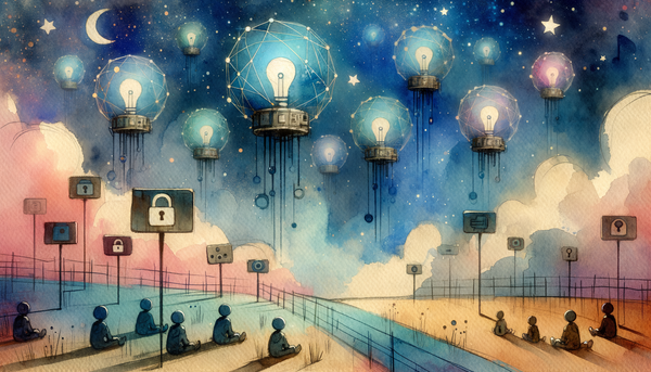 Dystopian scene with pastel colors and satellites.