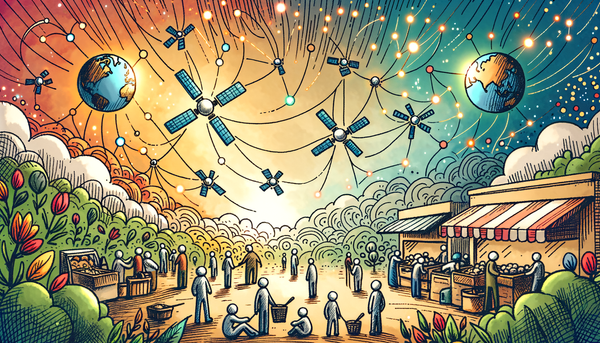 Cartoon scene depicting AI satellites and a diverse market.