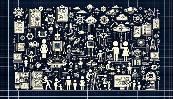 Retro-futurist scene illustrating human-technology interaction