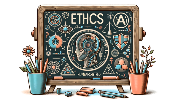 Chalkboard with friendly AI and ethics illustrations.