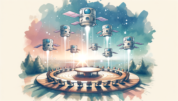 A serene scene of satellites above a round table.