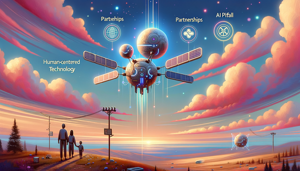Futuristic satellites in a serene pastel sky.