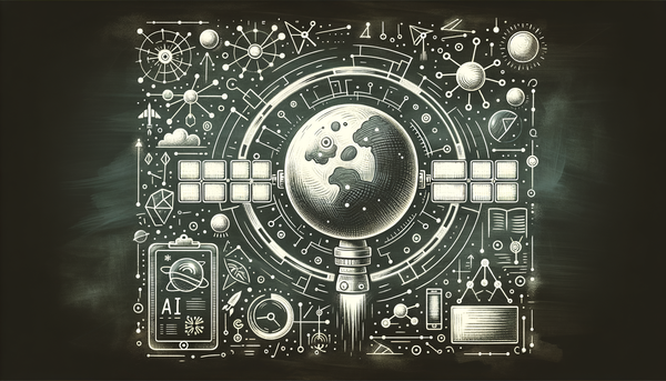 Chalkboard drawing of AI satellites and future work.