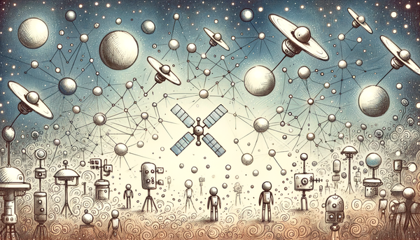 Doodle of AI satellites in a soft-colored universe