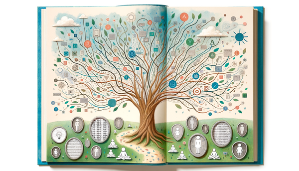A large tree with binary code and shields around it.