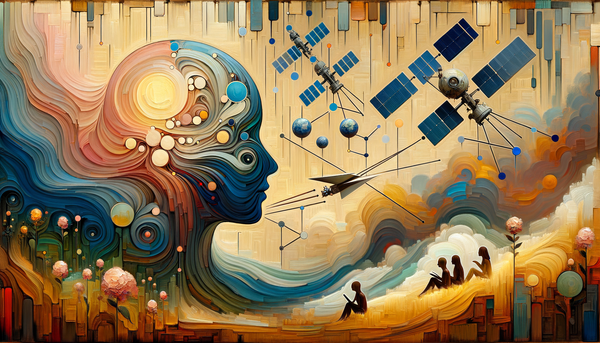 Abstract oil painting representing AI governance with satellites.