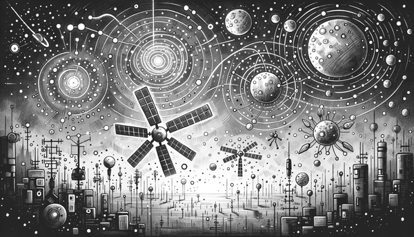 Grayscale doodle of AI satellites in space