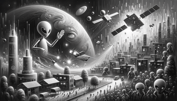Grayscale depiction of AI satellites in cybersecurity theme.