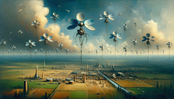 Oil painting of satellites in a wide landscape.