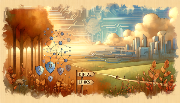 Watercolor artwork of AI and ethics symbolism.