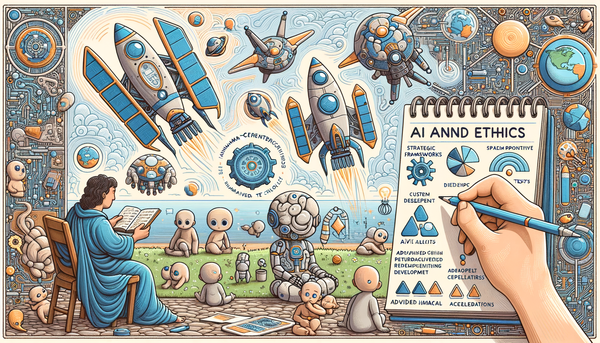 Futuristic doodle of AI and ethics concepts.