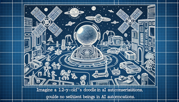 Futuristic AI-themed doodle with blueprint lines.