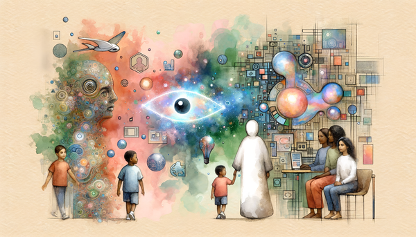 Watercolor artwork of people interacting with technology