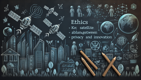 Chalkboard drawing of AI balance with satellites.