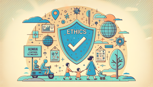 Pastel-colored illustration of AI and ethics concept.