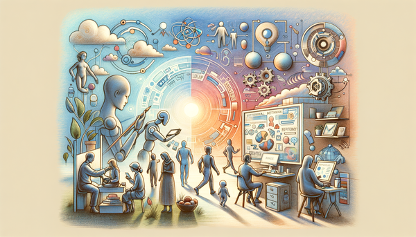 Futuristic workplace with humans and technology collaboration.