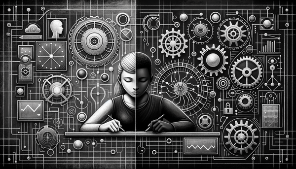Futuristic grayscale collage of technology and governance.