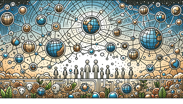 Doodle artwork of connected globes symbolizing technology.