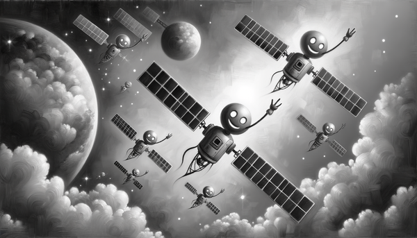Monochromatic painting depicting AI satellites with a hopeful theme.