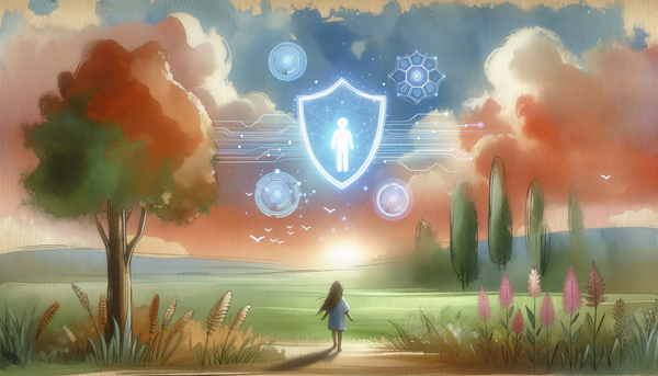 Watercolor landscape depicting cybersecurity and AI.