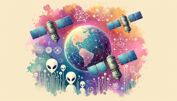 Watercolor illustration of AI satellites and cybersecurity themes.
