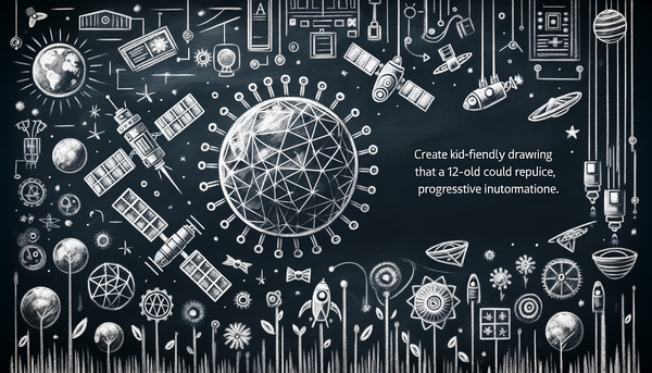 Chalkboard drawing of AI-powered satellites in grayscale
