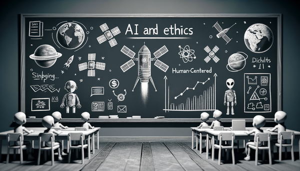 Chalkboard drawing of AI and ethics concept.