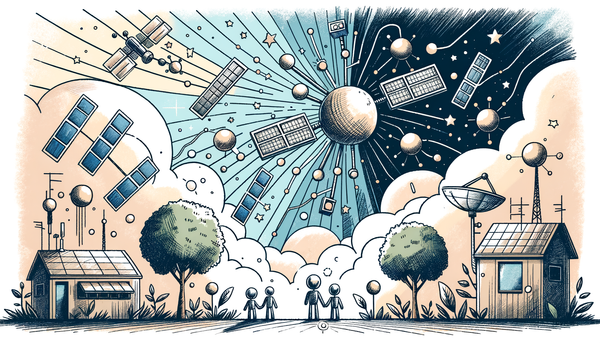 Doodle style image of AI governance with satellites.