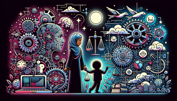 Humans interacting with technology in neon dystopian style.