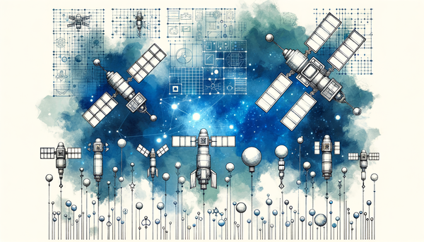 Watercolor painting of satellites and cybersecurity theme.