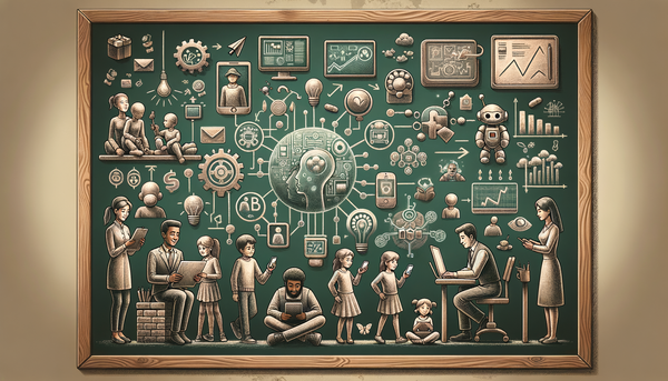 Chalkboard drawing of people engaged with technology.