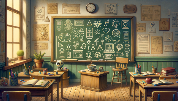 Classroom scene with chalkboard and technology symbols.