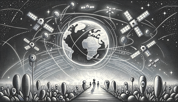 Futuristic doodle of AI satellites in grayscale.