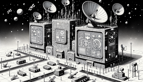 Black and white retro-futuristic governance scene