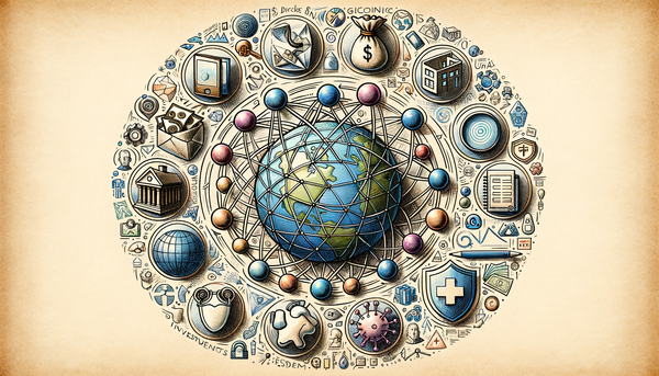 Notebook-style doodle of interconnected globes and icons.