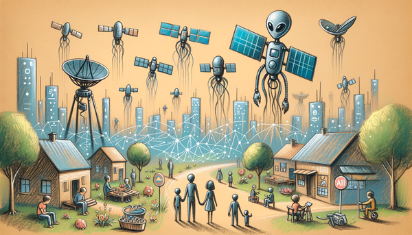 Pastel illustration of AI satellites and connectivity.